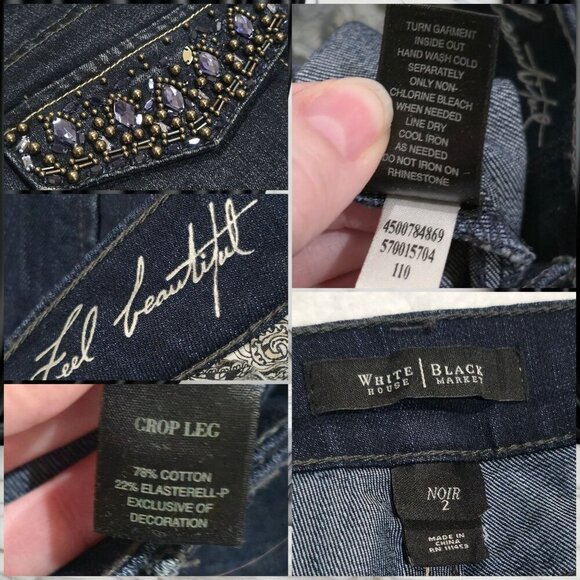White House Black Market ✦ Rhinestone Crop Jeans ✦ Embellished Pockets Dark Wash - Picture 8 of 12